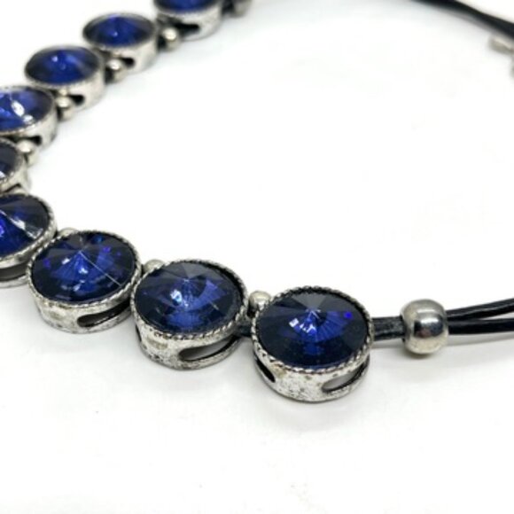 BOLD BLUE RIVOLI RHINESTONE STATEMENT NECKLACE BLACK CORD SILVER TONE BIB COLLAR - Picture 10 of 16